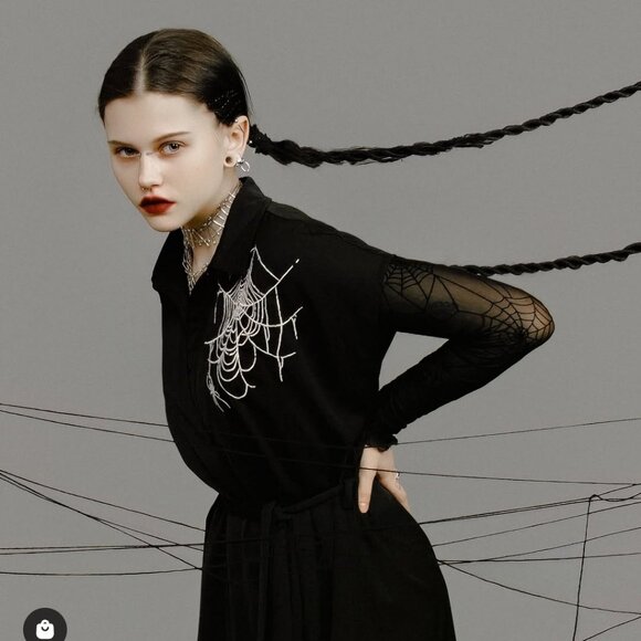 Disturbia Widow Relaxed Midi Shirt Dress with Web Embroidery - Picture 6 of 12
